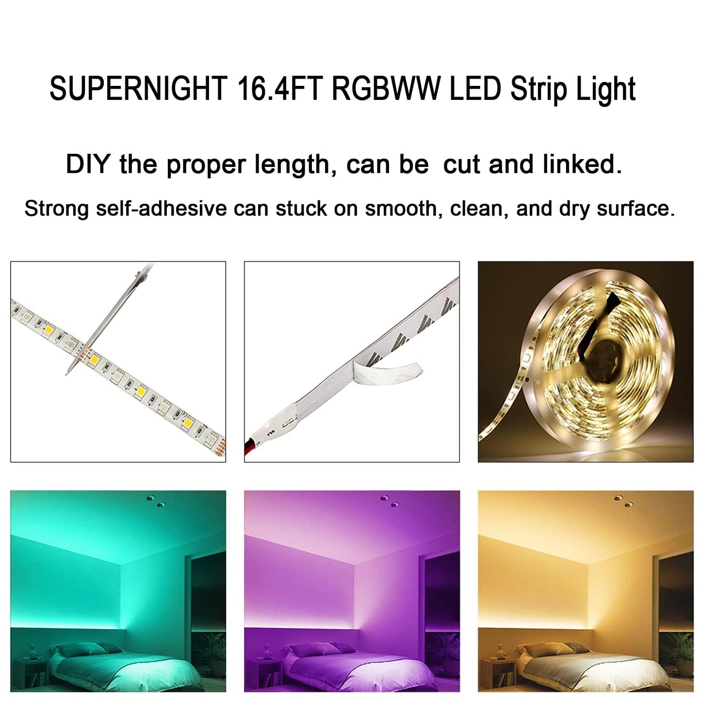SUPERNIGHT RGBWW LED Strip Light IP65 Waterproof RGB Color Changing Rope Lighting with Warm White 3500K Color 16.4ft 300leds 5050 Tape Light (RGB + Warm White)