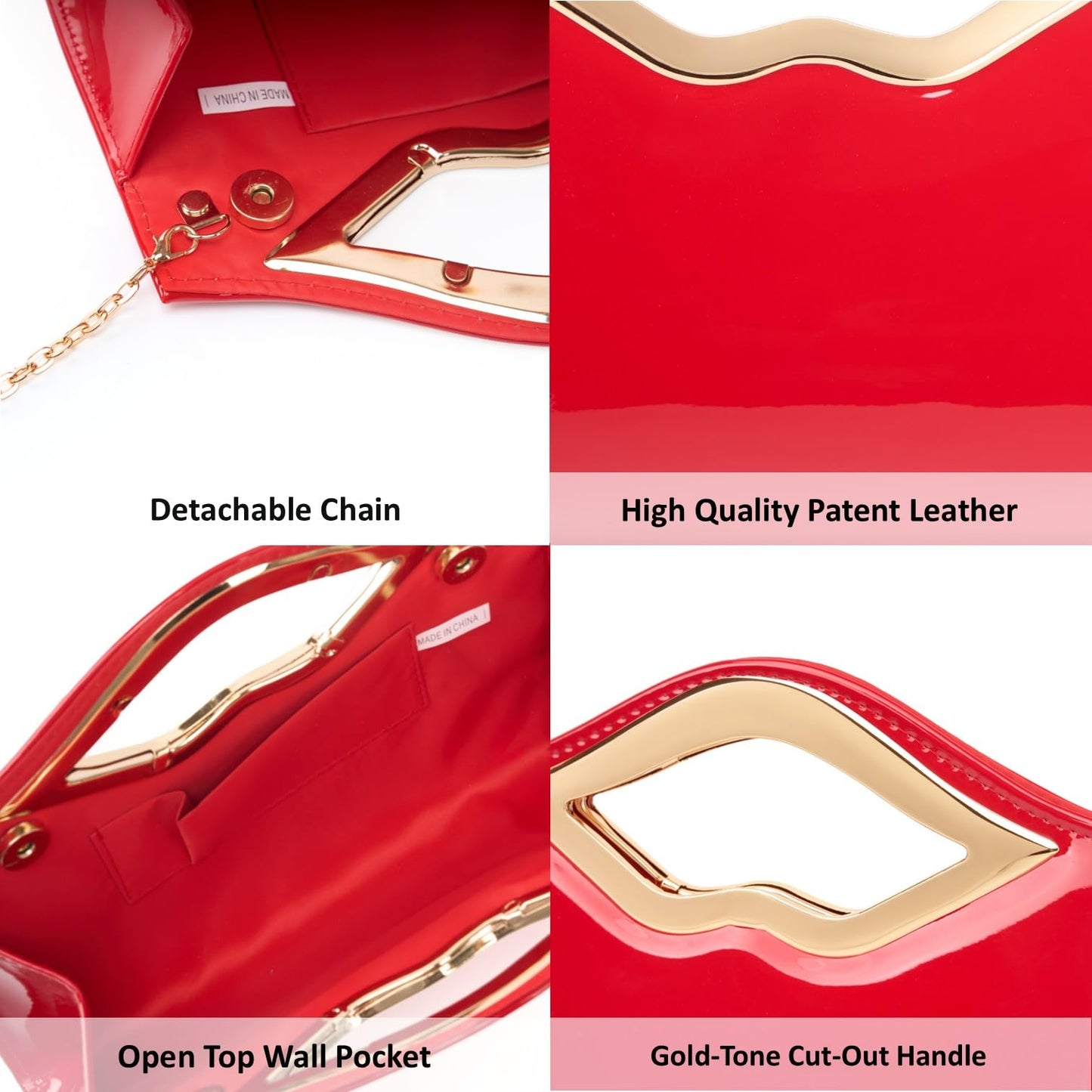 DETARA Patent Leather Evening Clutch Purse for Women Lip Metal Grip Handle Handbag for Cocktail Party Prom (Red 1386)