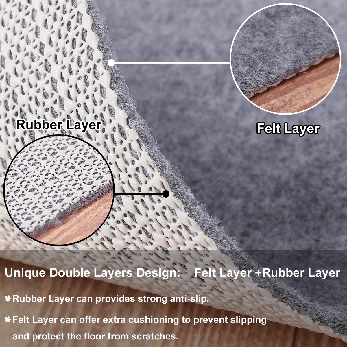 Non Slip Rug Pad Grippers - 2x4 Ft, 1/8" Thick, (Felt + Rubber) Double Layers Area Carpet Mat Tap, Provides Protection and Cushioning for Hardwood or Tile Floors