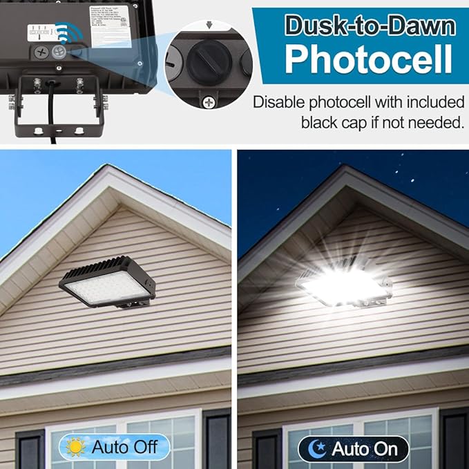 150W LED Flood Light with Dusk-to-Dawn Photocell, 130lm/W 5000K Daylight 100-277V IP65 Waterproof, 150W-100W-75W Adjustable, LED Parking Lot Light with Trunnion Mount, ETL