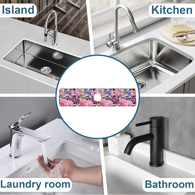 Colorful Hydrangea Kitchen Sink Splash Guard Faucet Mat Purple Pink Hydrangea