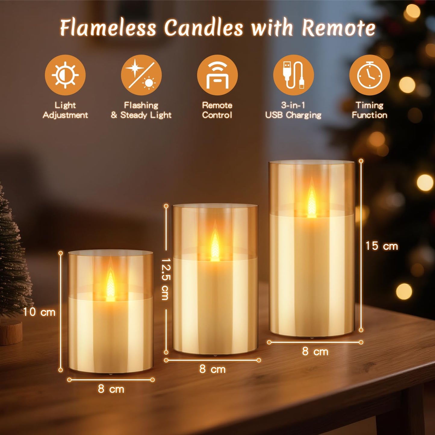 3PC Radar Motion Sensor Rechargeable Led Candles, Flameless Flickering Candle with Remote & Timer, Real Wax in Glass with Flickering Warm Light for Festival, Bedroom, christmas and party Decor-Amber