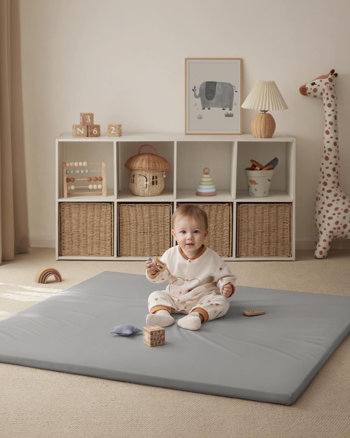 Blissful Diary Vegan Leather Baby Play Mat, 50x50 Thicken Foam Cushioned & Waterproof Playpen Mat for Infants and Toddlers, Stylish and Just Wipe-Clean Playmat for Baby Play on Floor, Light Gray