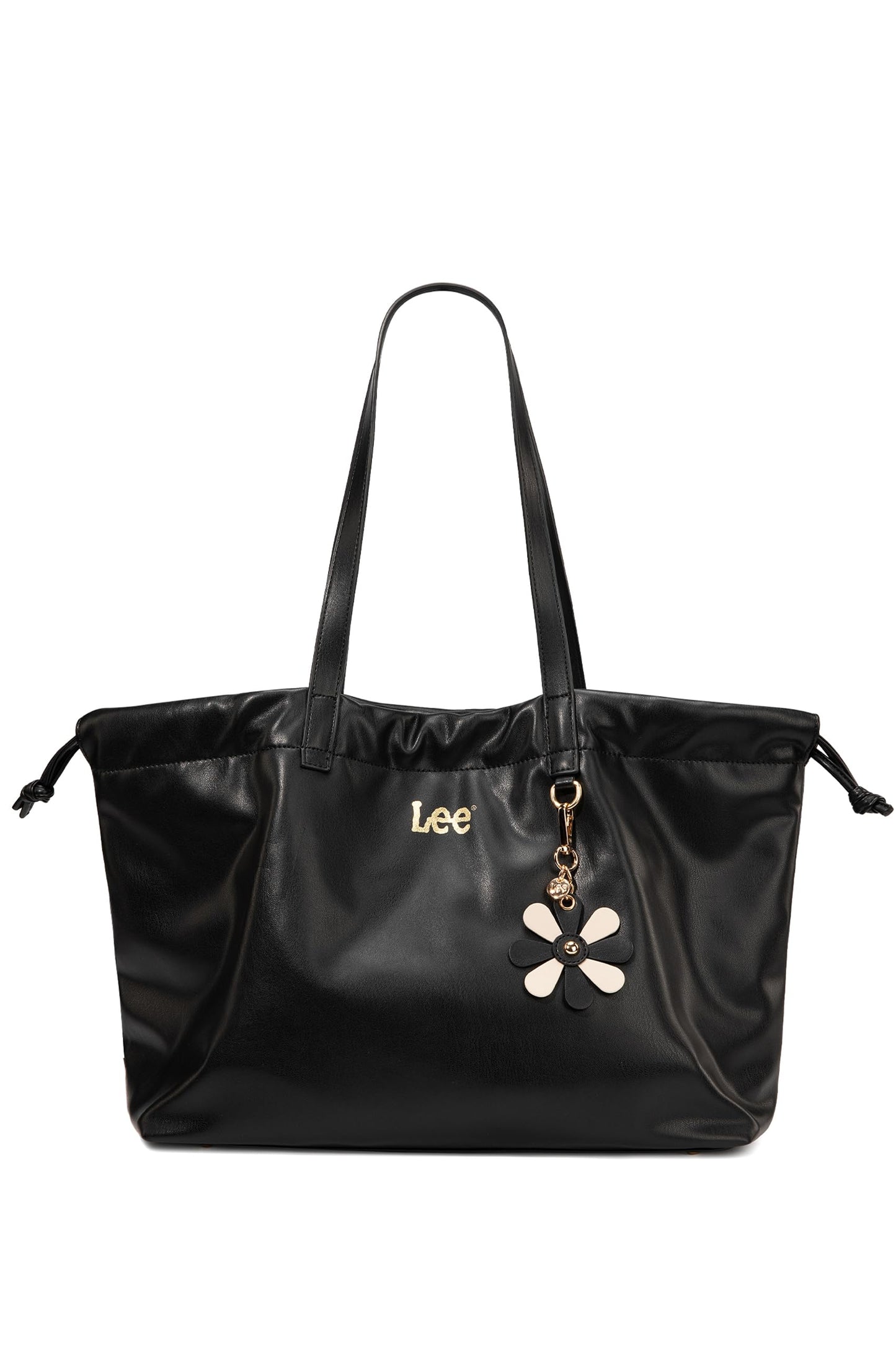 Lee Leather Tote Bag for Women, Spacious Vegan Leather Shoulder Bag & Handbag with Drawstring Closure, Durable Shoulder Straps, Large Capacity Work & Travel Purse, LEE73-001BK