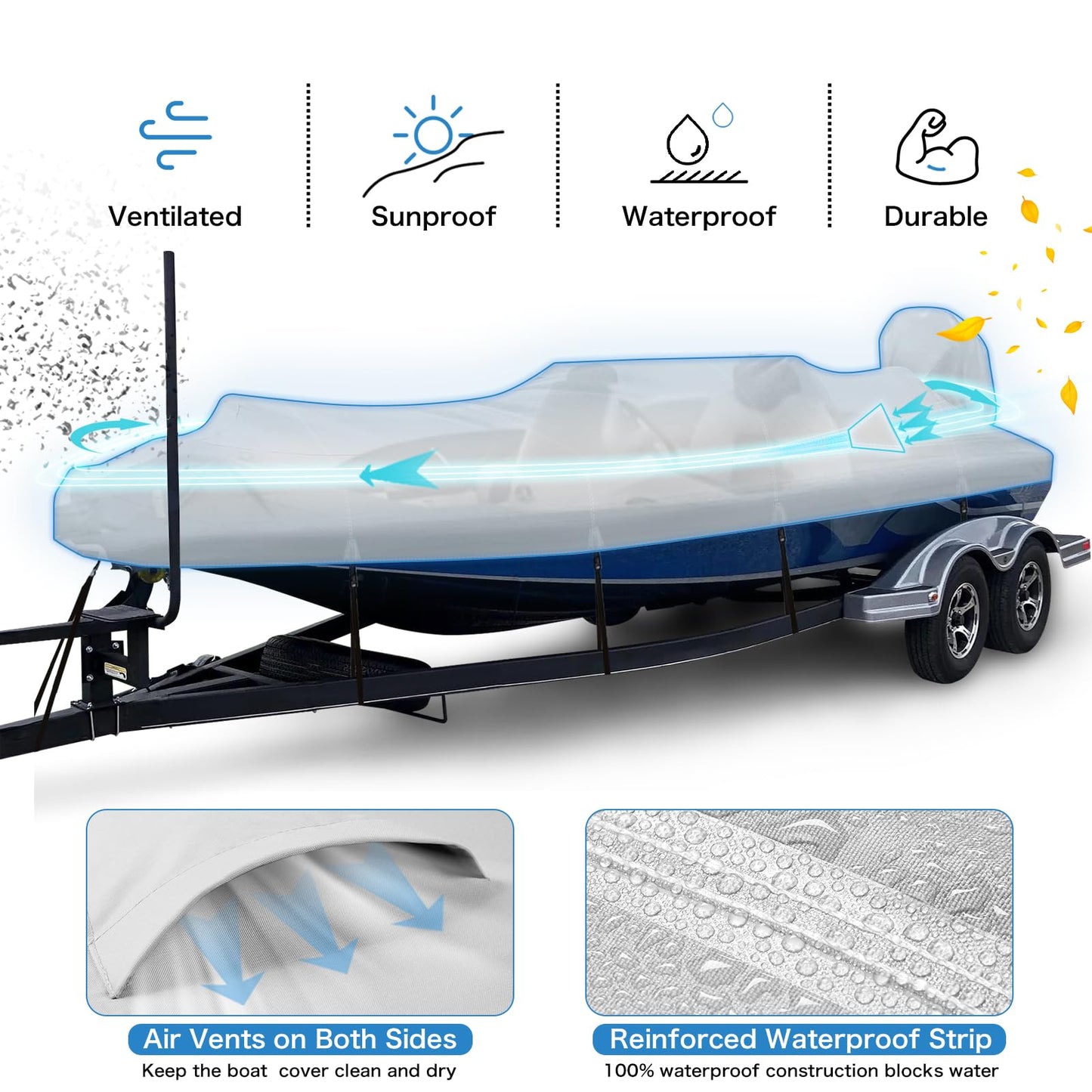 Solim Waterproof 1200D PU Boat Cover with Motor Cover, 14-16' Heavy Duty Marine Grade Trailerable Anti-UV Polyester Canvas, Fits 14-16ft Bass Boat, V-Hull, Fishing Boat, Runabout, Ski boat with Straps