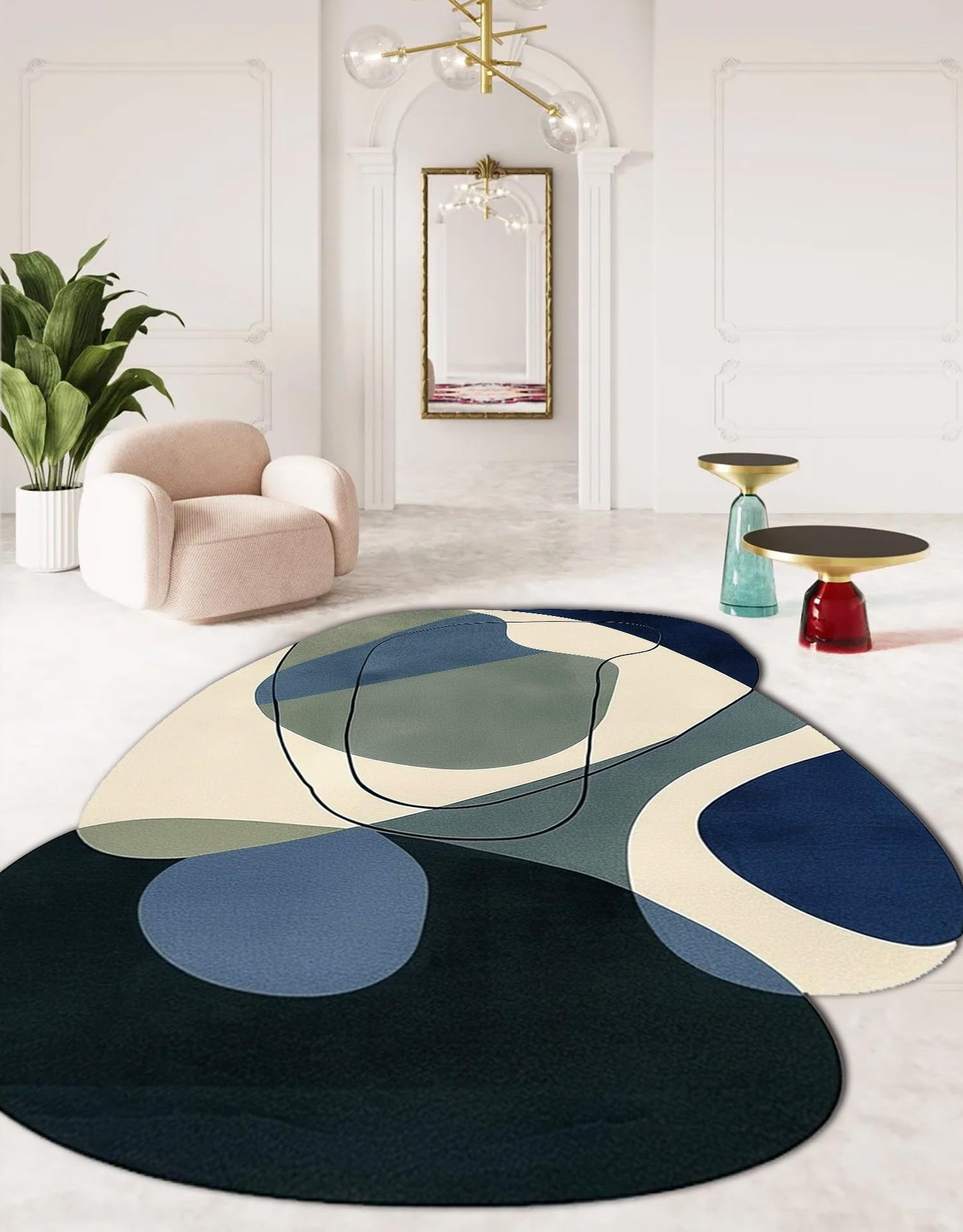 Mid Century Modern Abstract Geometric Irregular Shaped Rug for Living Room Bedroom Playroom Odd Shaped Rugs 2x3 Faux Wool Carpet Boho Diningroom Home Office Indoor Throw Carpet Navy Blue Green Beige
