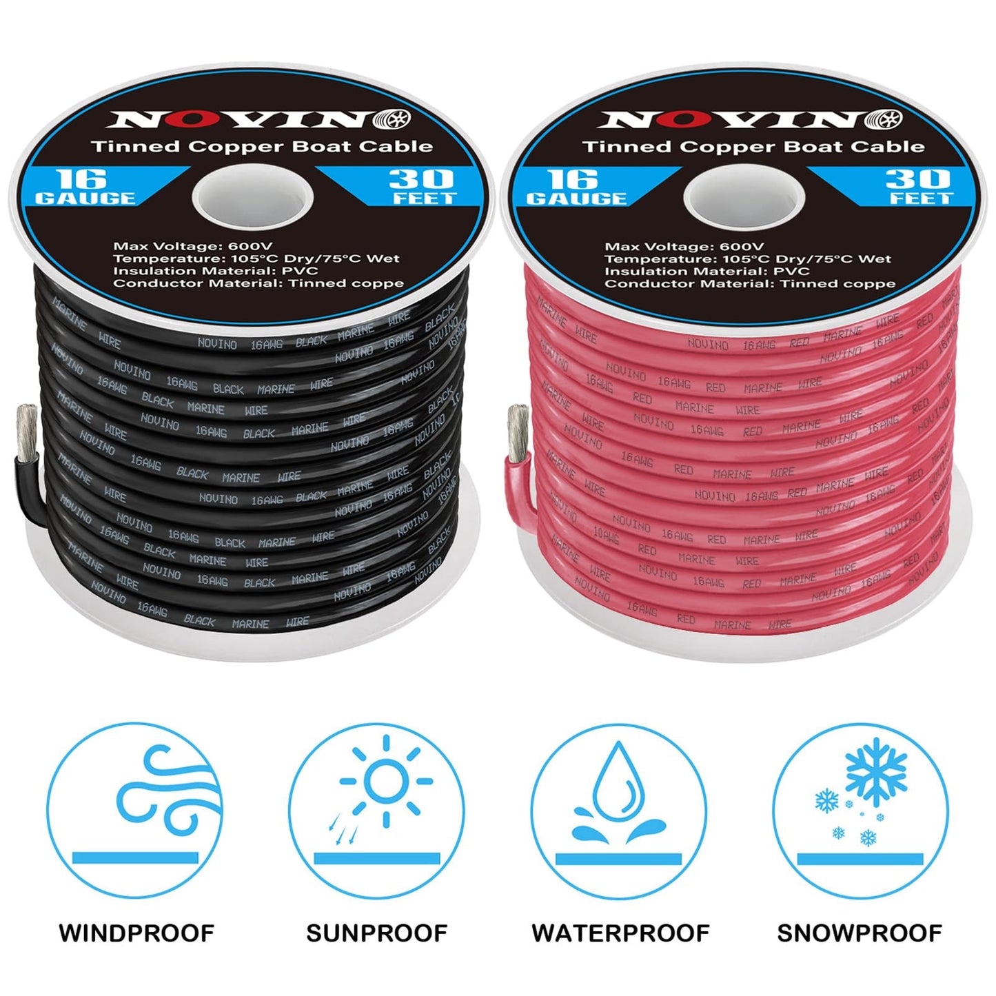 16 Gauge Marine Wire 16 AWG Marine Grade Wire Include 16 Gauge 30FT Red & 30FT Black,16AWG Oxygen-Free Tinned Copper Electrical Cable for Automotive Boat Lighting Outdoor RV Camper Trailer