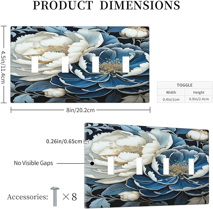 White Blue Flower Peonies Light Switch Covers Quad Toggle 4 Gang Wall Plate Decorative Switchplate Electrical Faceplate for Farmhouse Bathroom Living Decor