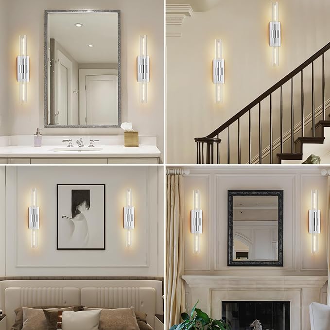 Chrome Wall Sconces Set of 2, 22.8" Bathroom Sconces, Indoor Sconces Lighting with Glass, Nickel Vanity Lights with Tube, Dimmable Bedroom Bedside Wall Light for Dressing Table Staircase