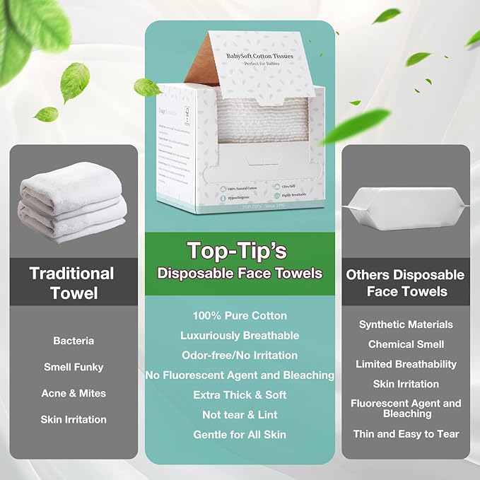 100% Pure Cotton Disposable Face Towel, 2 Pack Soft & Skin Friendly Face
