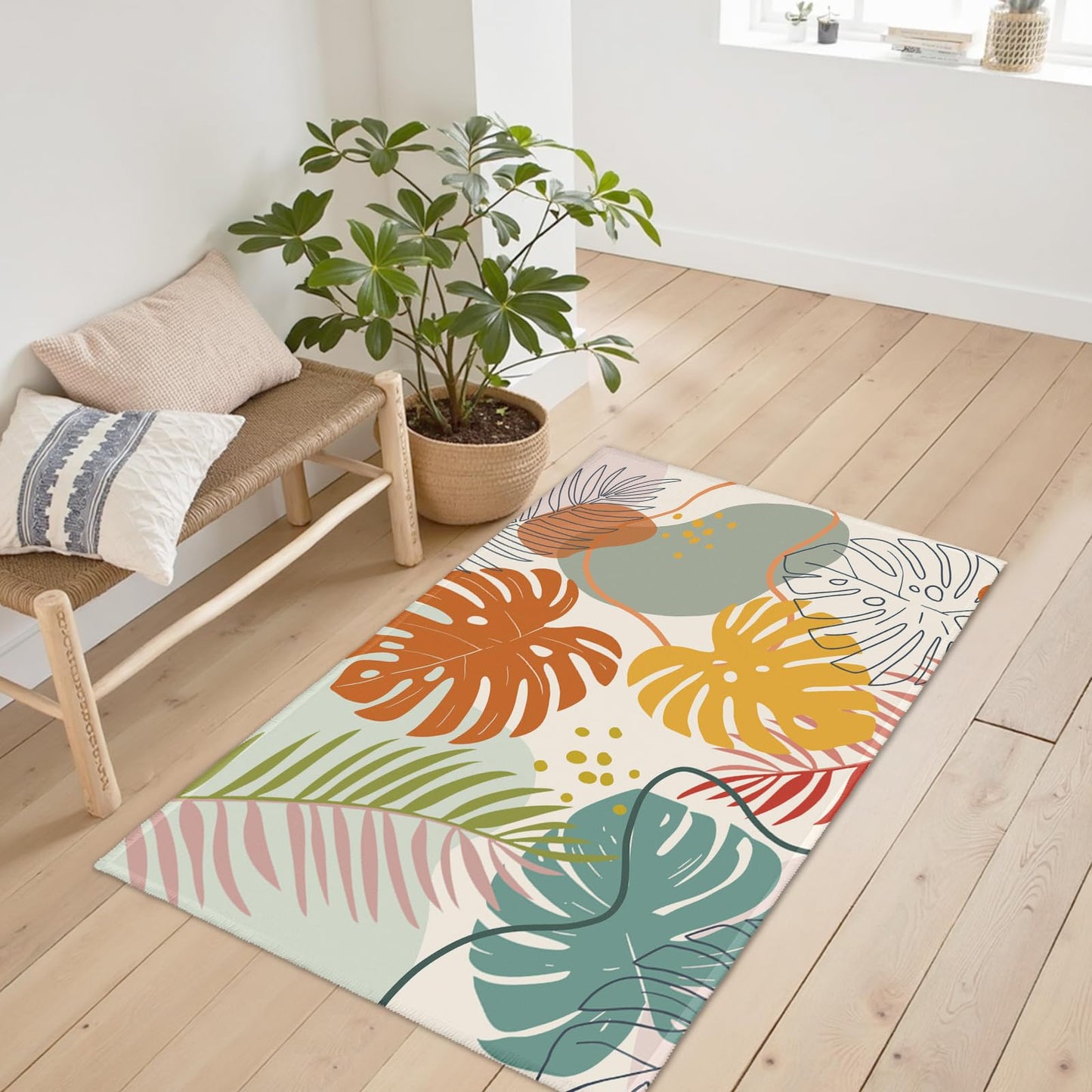Wualmondor Abstract Tropical Rugs 2x3 Feet Colorful Monstera Palm Leaves Entryway Rug Boho Modern Art Non Slip Low Pile Throw Rug Doormat Carpet for Entrance Kitchen Bathroom