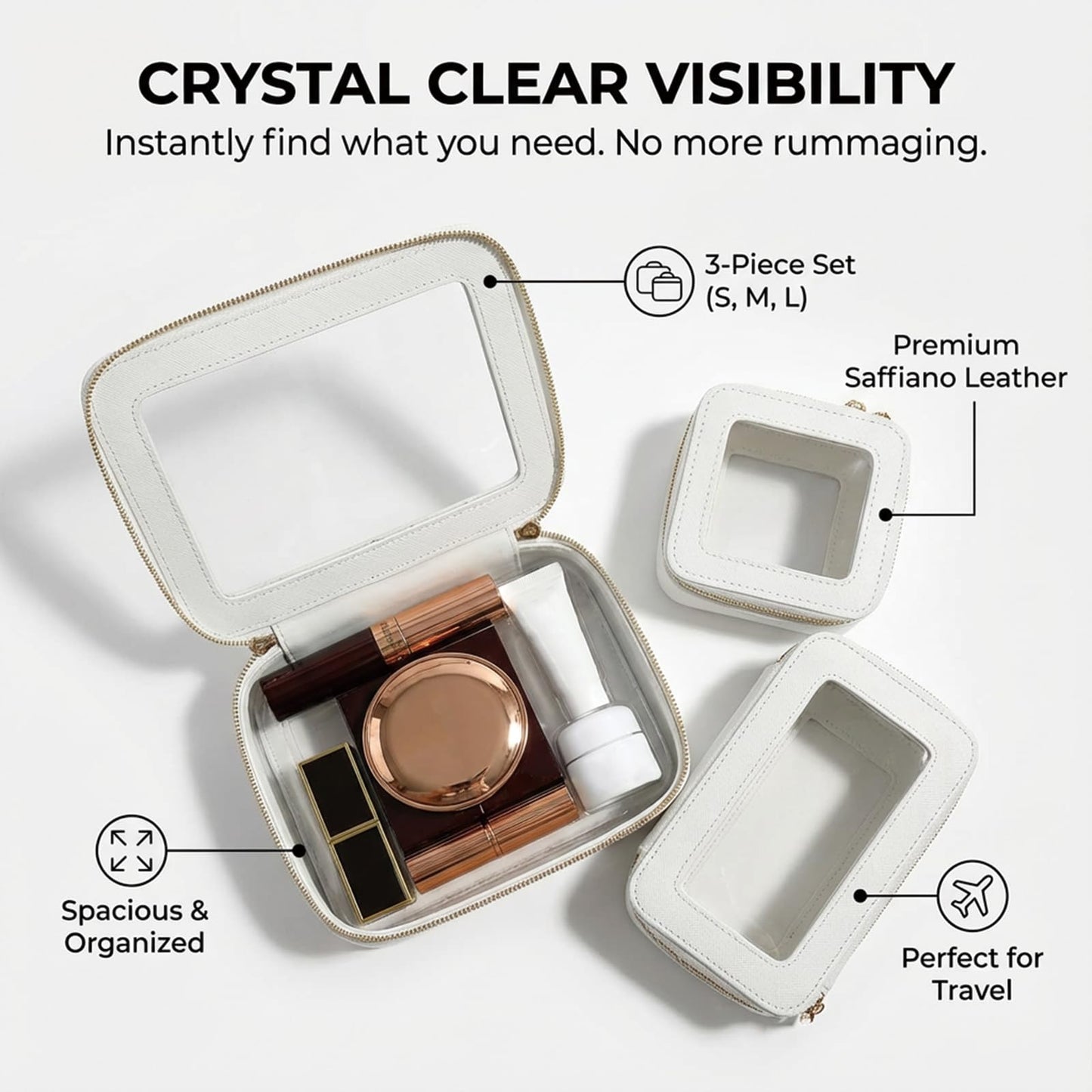 LAZYTAIL Makeup Bag | Transparent Toiletry Bag | Portable Waterproof Makeup Storage Bag | Travel-Specific Skincare Storage Bag | 2 Sets, L+M+MINI (White+Black)