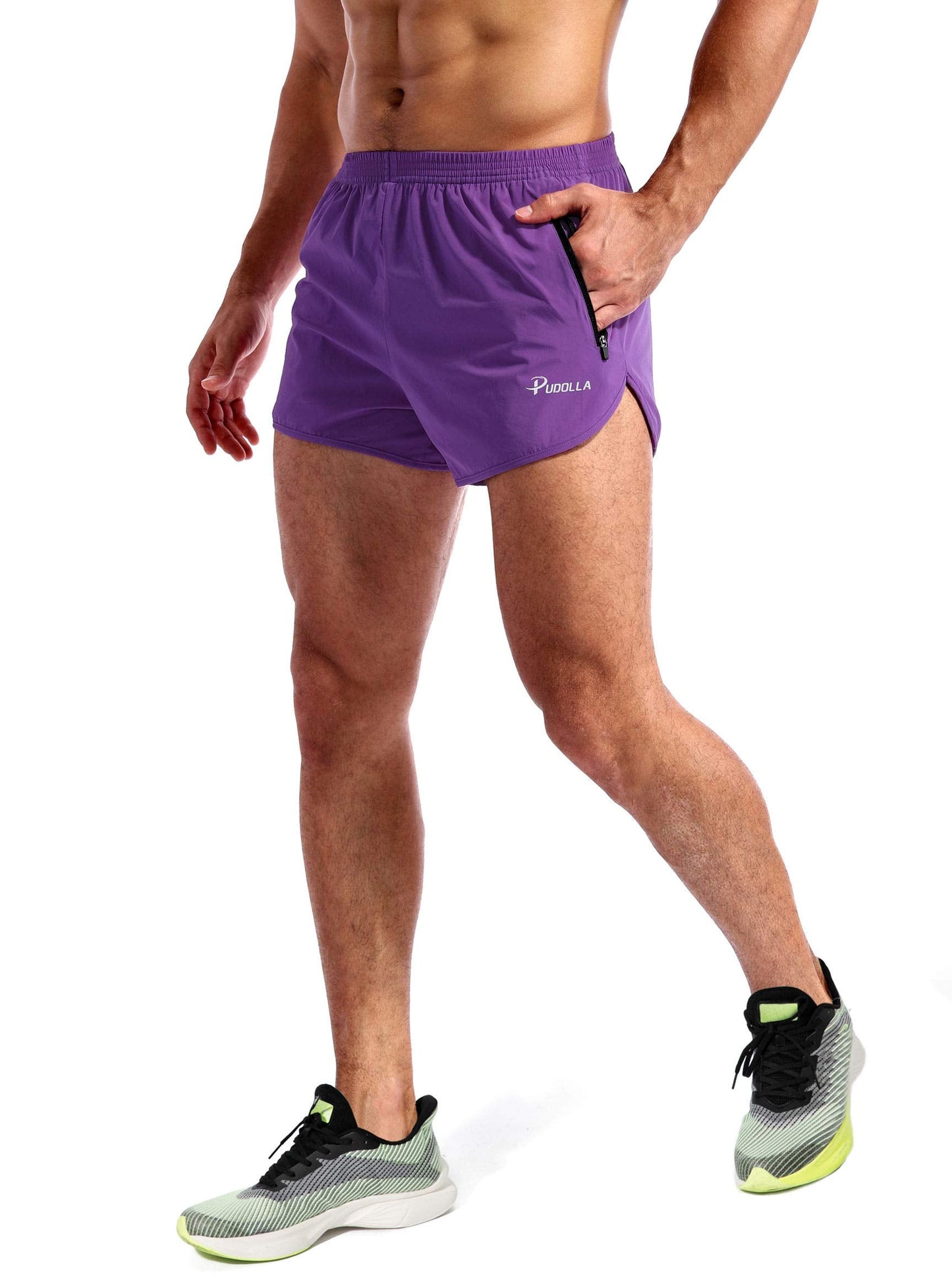 Pudolla Men’s Running Shorts 3 Inch Quick Dry Gym Athletic Workout Shorts for Men with Zipper Pockets(Purple Medium)