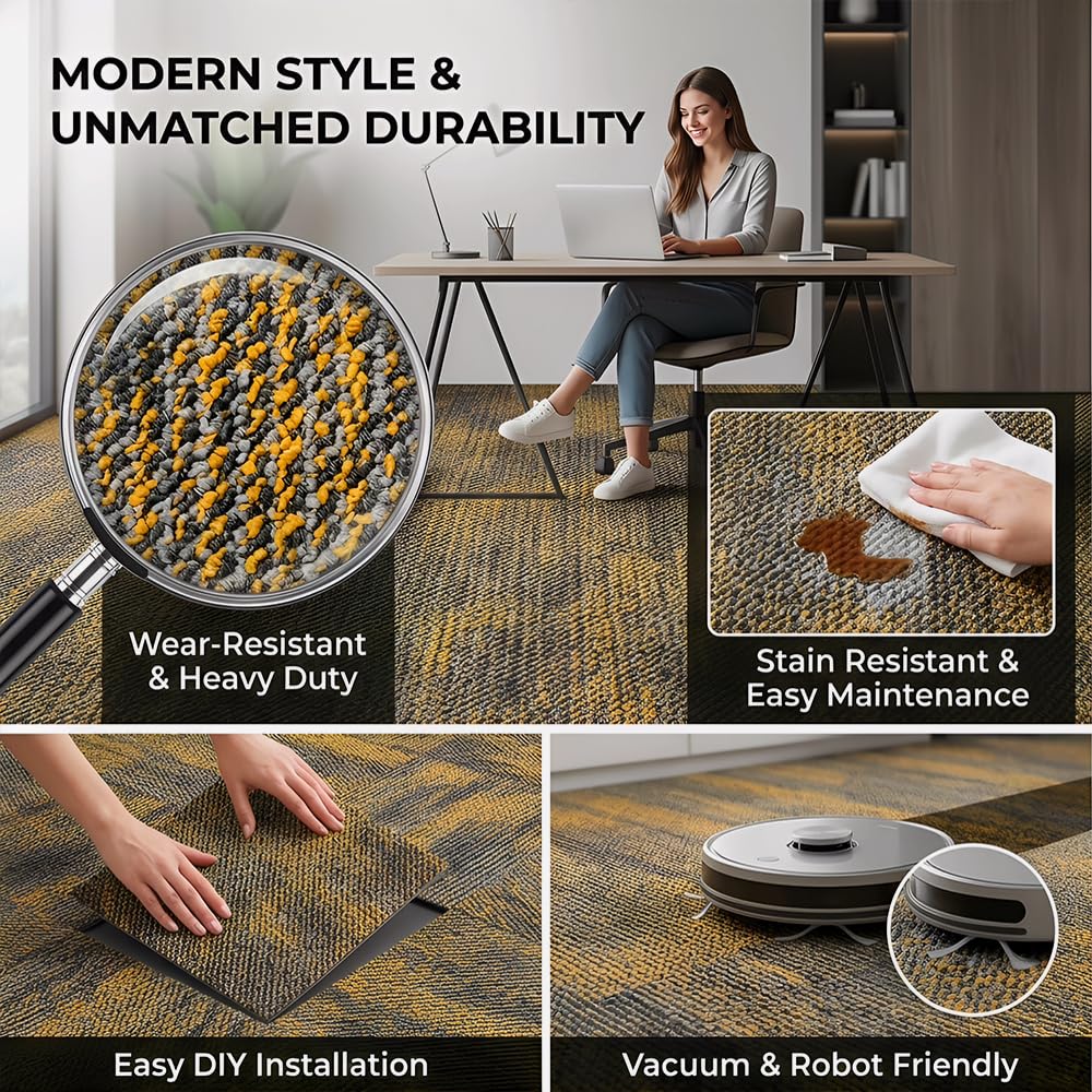 24 Carpets 20x20 inch Square Carpet Tiles, Reusable, Non Slip, Seamless Tiles, Suitable for Indoor and Outdoor use in bedrooms, Living Rooms, Offices, etc., Easy to DIY (Warm Orange Stone pattern-06)
