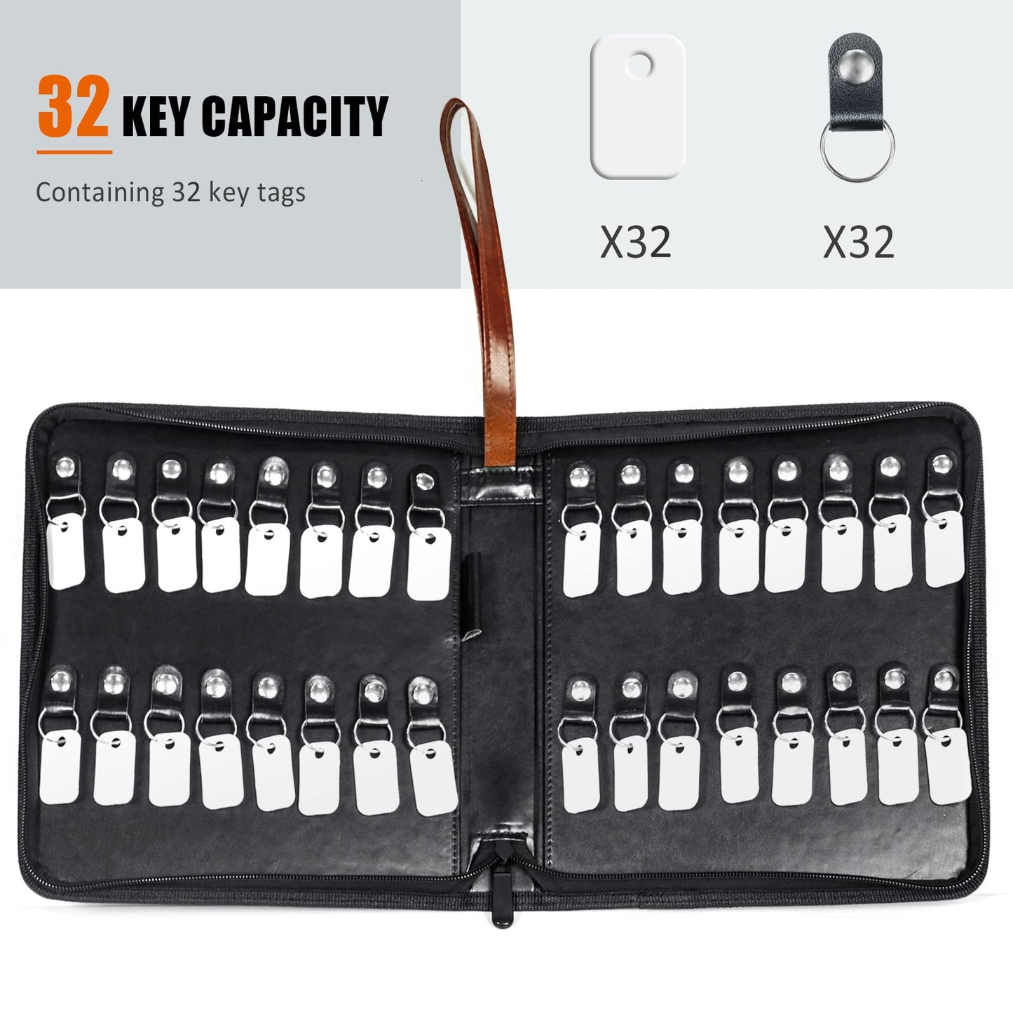 Portable Zippered Key Case, Leather Key Organizer with Handle, 32 Key Capacity, for Real Estate Sales, Hotel Executives, Car Service (Brown)