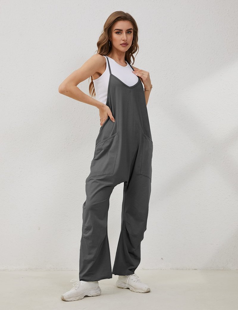 Lentta Women's Causal Jumpsuits V Neck Sleeveless Harem Overalls Stretchy Adjustable Strap Romper with Pockets(DarkGrey-L)