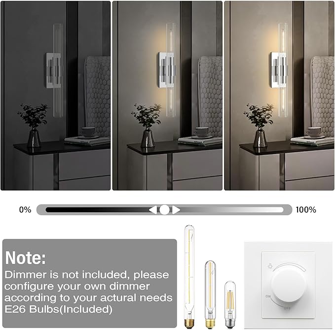 Chrome Wall Sconces Set of 2, 22.8" Bathroom Sconces, Indoor Sconces Lighting with Glass, Nickel Vanity Lights with Tube, Dimmable Bedroom Bedside Wall Light for Dressing Table Staircase