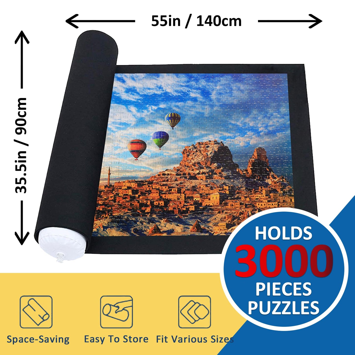 Puzzle Mat Roll Up for 3000 2000 1500 Pieces Jigsaw Puzzles, Large Portable Pad Table Non-Slip Board Saver Mats with 6 Sorting Trays, Inflatable Tube, 3 Straps, Keeper Storage Bag, Adults Gifts