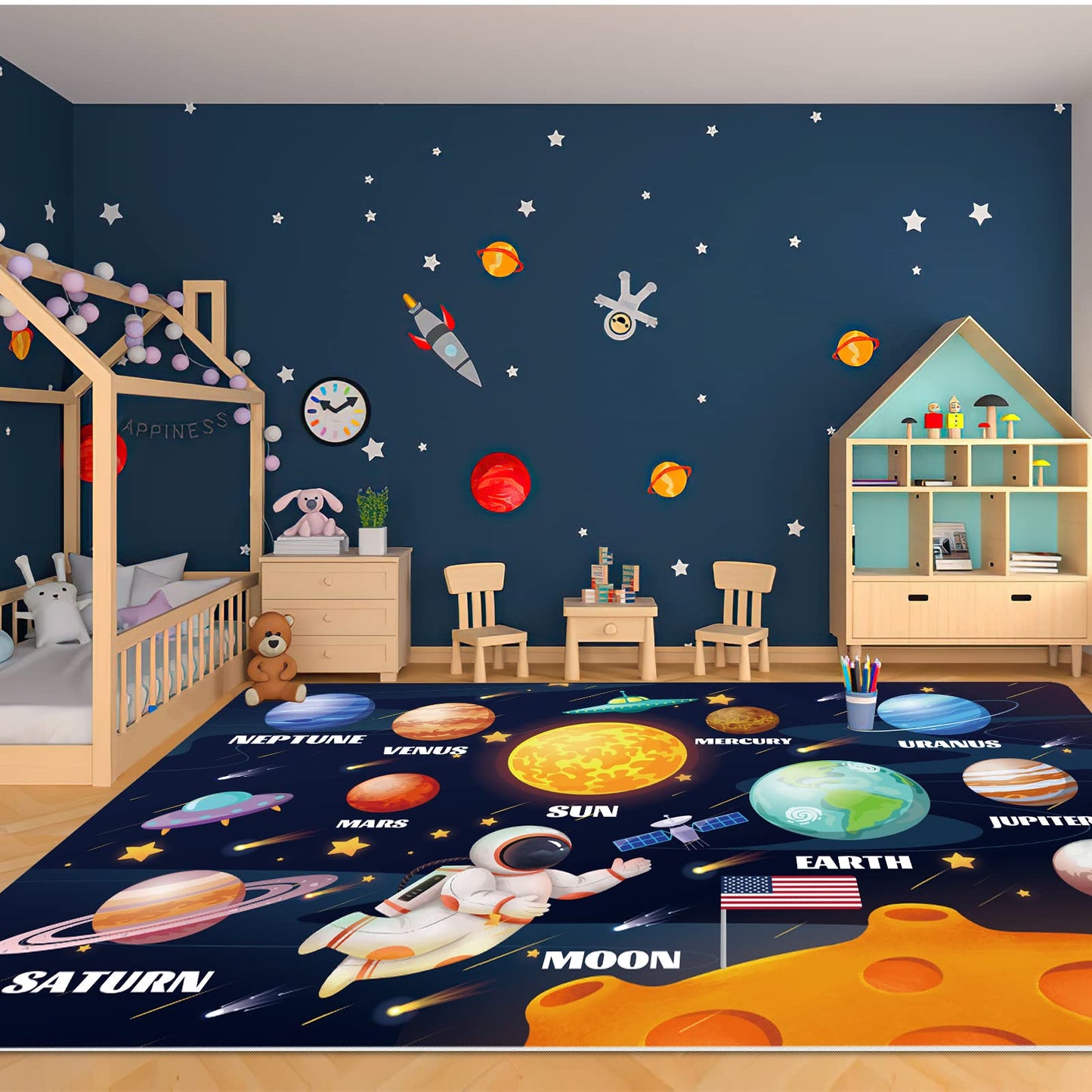 LTKOUGFAM Kids Play Rug for Playroom, Outer Space Rug Solar System Educational Rug Kid Baby Floor Mat, Kids Play Carpet for Children Bedroom Classroom (78.7X59 in, Planet 1)