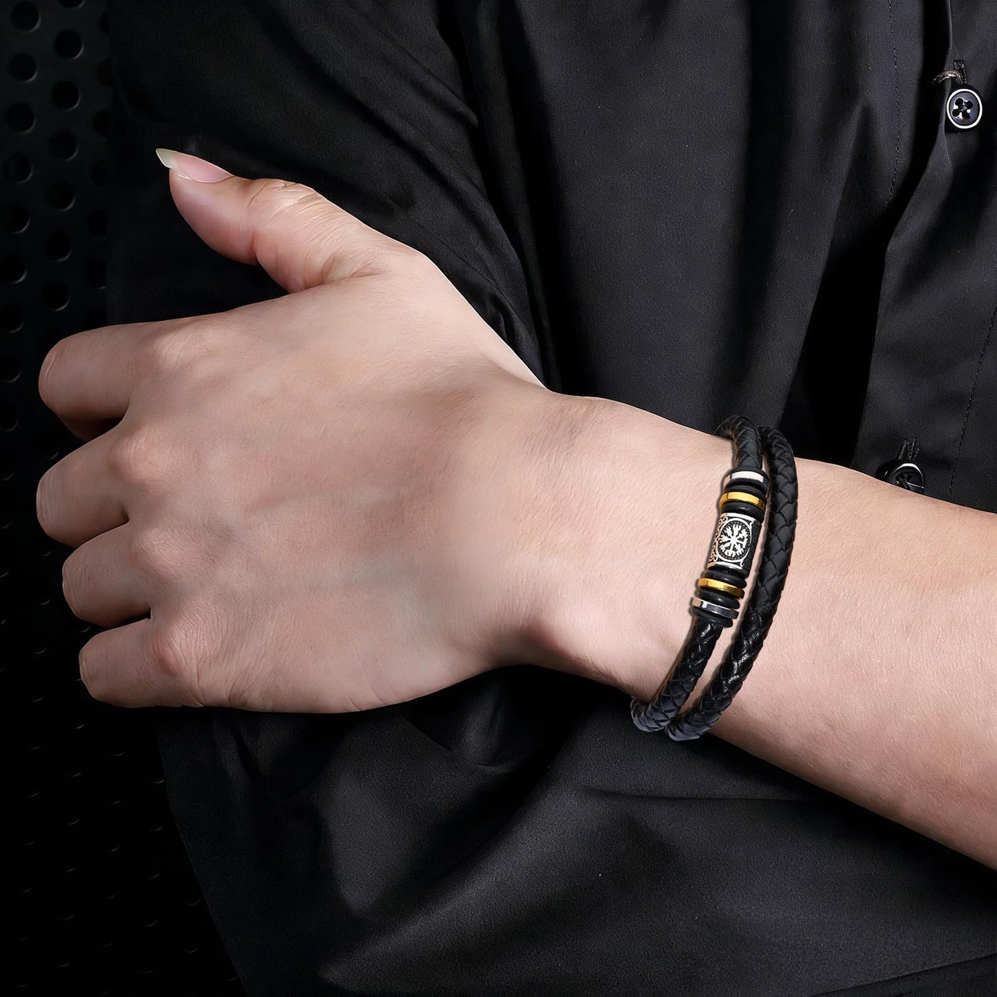 leejory Viking Bracelet for Men, Double-Row Braided Genuine Black Leather Cuff Wristband Norse Compass Symbol Vegvisir Bracelets, Nordic Jewelry Religious Pagan Amulet Gift for Mens Teen Grandson Son