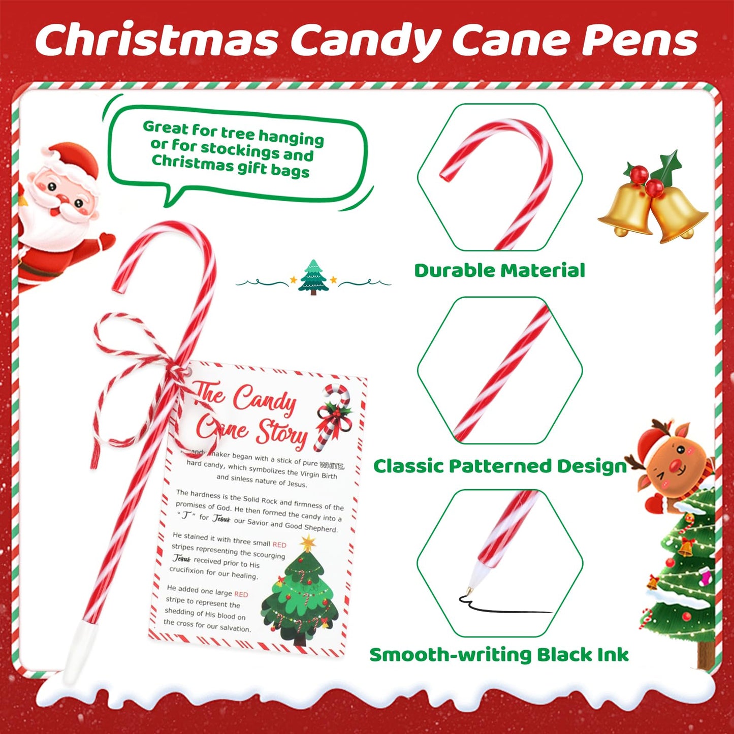 SAYAYA 60 Sets Christmas Candy Cane Pens Legend of Candy Cane Cards Xmas Religious Story Ballpoint Pens with Cotton Twine for Christmas Church Sunday School Supplies Party Gifts