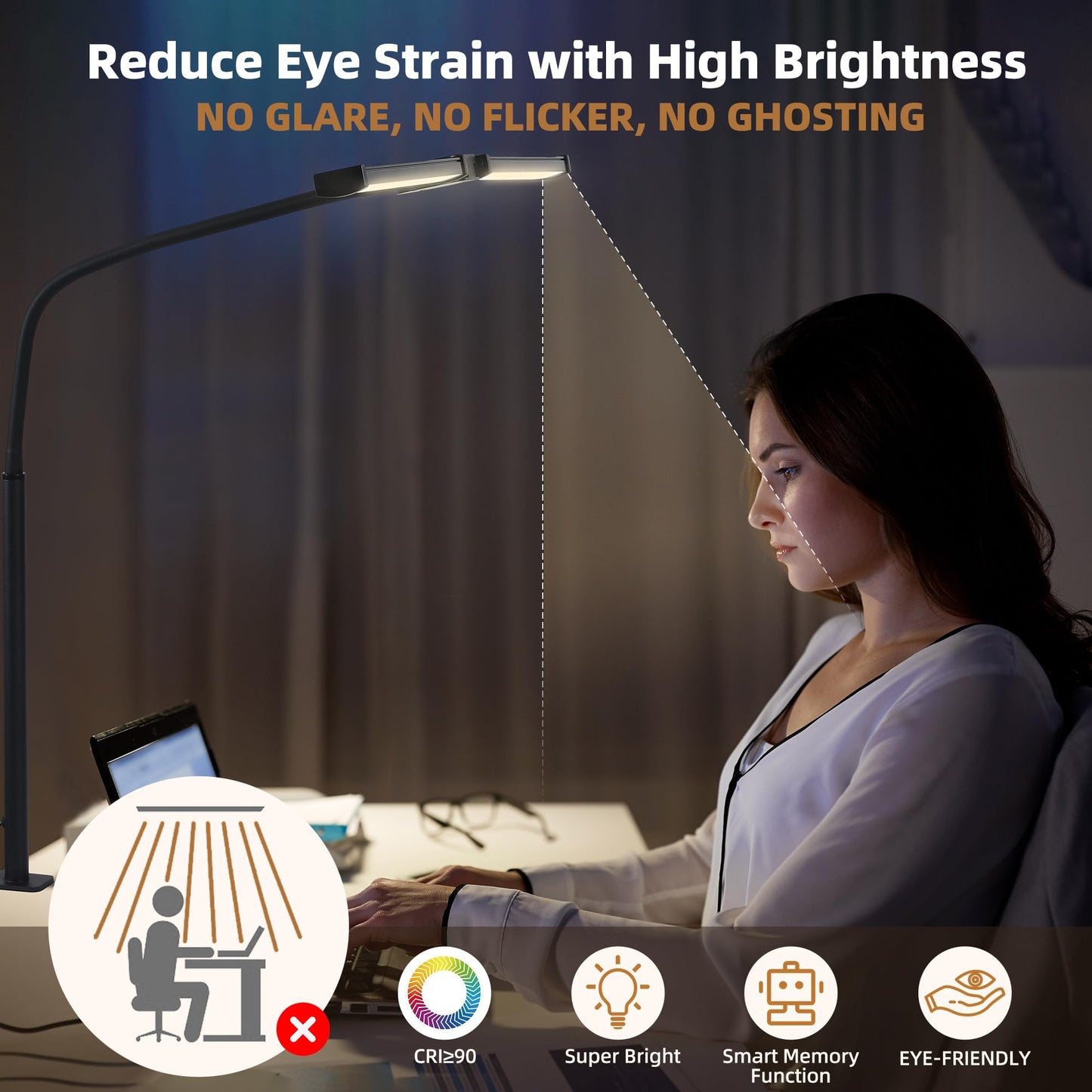 Motumen Led Desk Lamp for Home Office, Eye-Care Architect Light with Clamp, Smart Double Head Computer Monitor Table Clip Lamp, Adjustable Flexible Goose-Neck, 25 Lighting Models, Task Lamp, Black