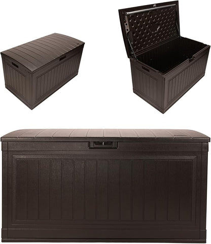 Suncast 80-Gal. Waterproof Resin Large Outdoor Patio Deck Box with Pad-Lockable Lid, Modern Outdoor Patio Bench/Storage Box for Cushions, Garden Tools, and More, Java