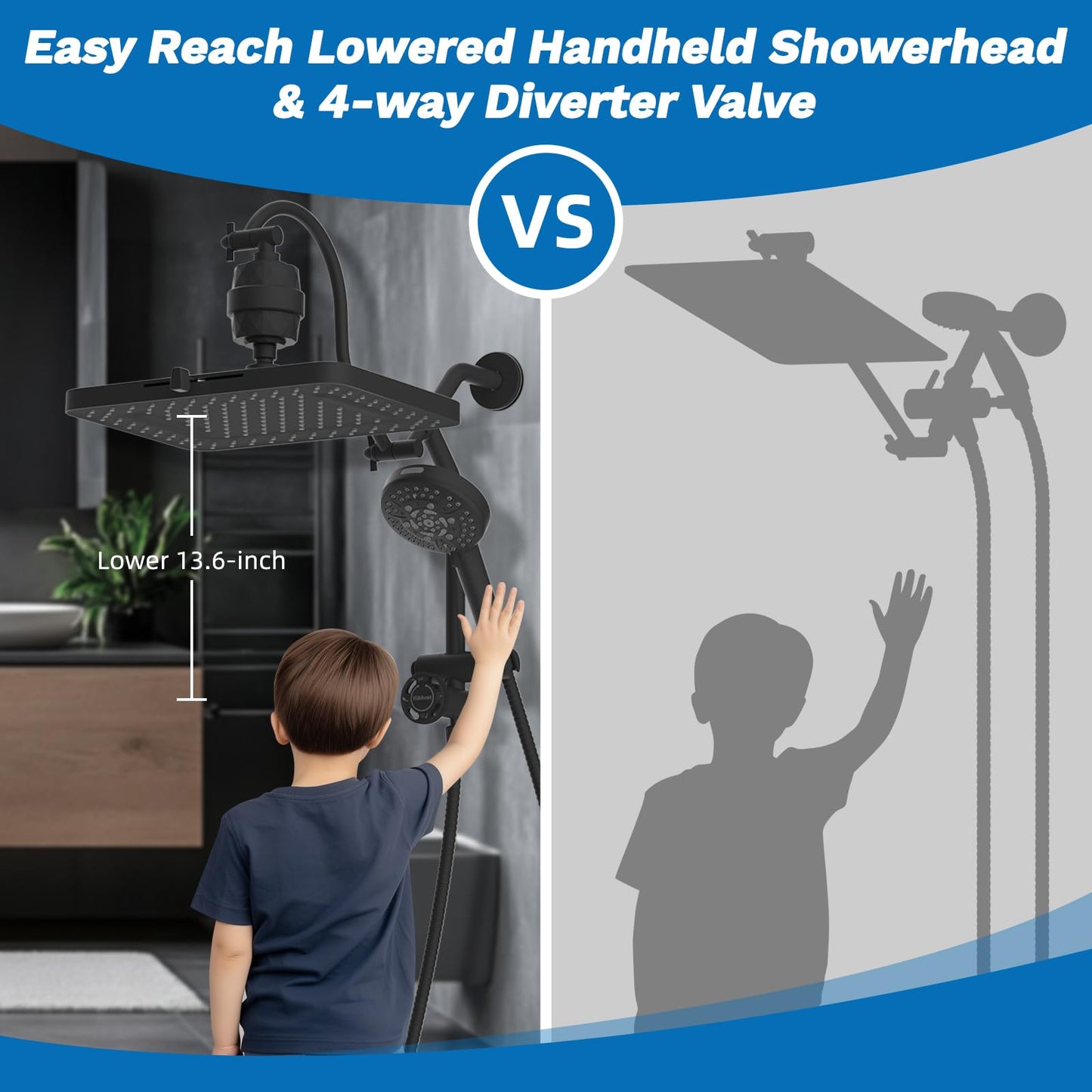 Hibbent 5-spray Dual Filtered Rainfall Shower Head Combo, High Pressure 13'' Showerhead with 10 Spray Mode Handheld, Easy Reach 4-way Diverter Shower Arm with Pause Mode, 71'' Hose and Holder, Black