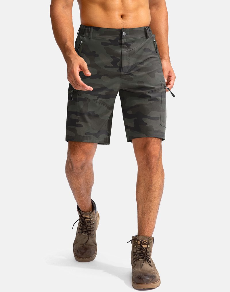 Pudolla Men's Hiking Cargo Shorts 9" Lightweight Outdoor Work Shorts for Men Travel Golf Camping Casual with 5 Zipper Pockets(Green Camo 3X-Large)