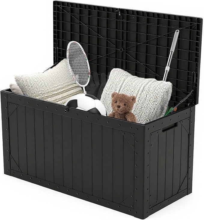 Outdoor Storage Box, 100 Gallon Deck Box Outdoor Storage Bench Outside Waterproof Resin Storage Bench, Lockable Patio Cushions, Garden Tools Storage For Furniture, UV Resistant(Black)