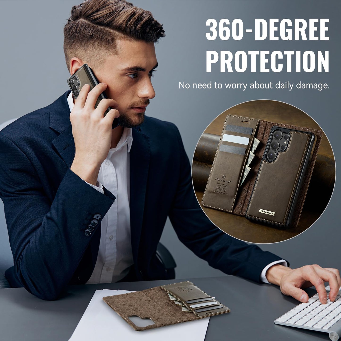 PlusnapX Wallet Case for Samsung Galaxy S24 Ultra Compatible with Magsafe, 2-in-1 PU Leather Flip RFID Blocking Card Holder Stand Shockproof Magnetic Detachable Cover for Galaxy S24 Ultra, Brown