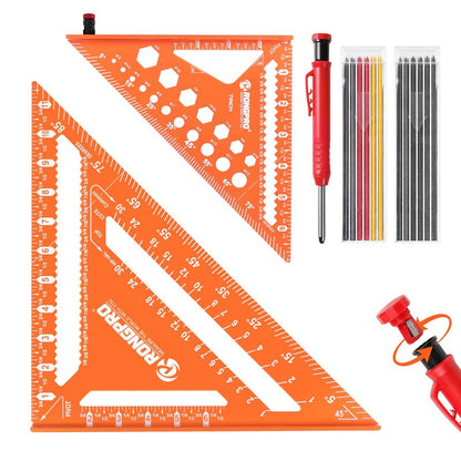 2pcs Rafter Square, 12-inch & 7-inch Carpenter Sqaure Set withWoodworking Pencil, Carpenter Measuring Layout Tool,Aluminum Alloy Triangle Ruler for Woodworking- Imperial