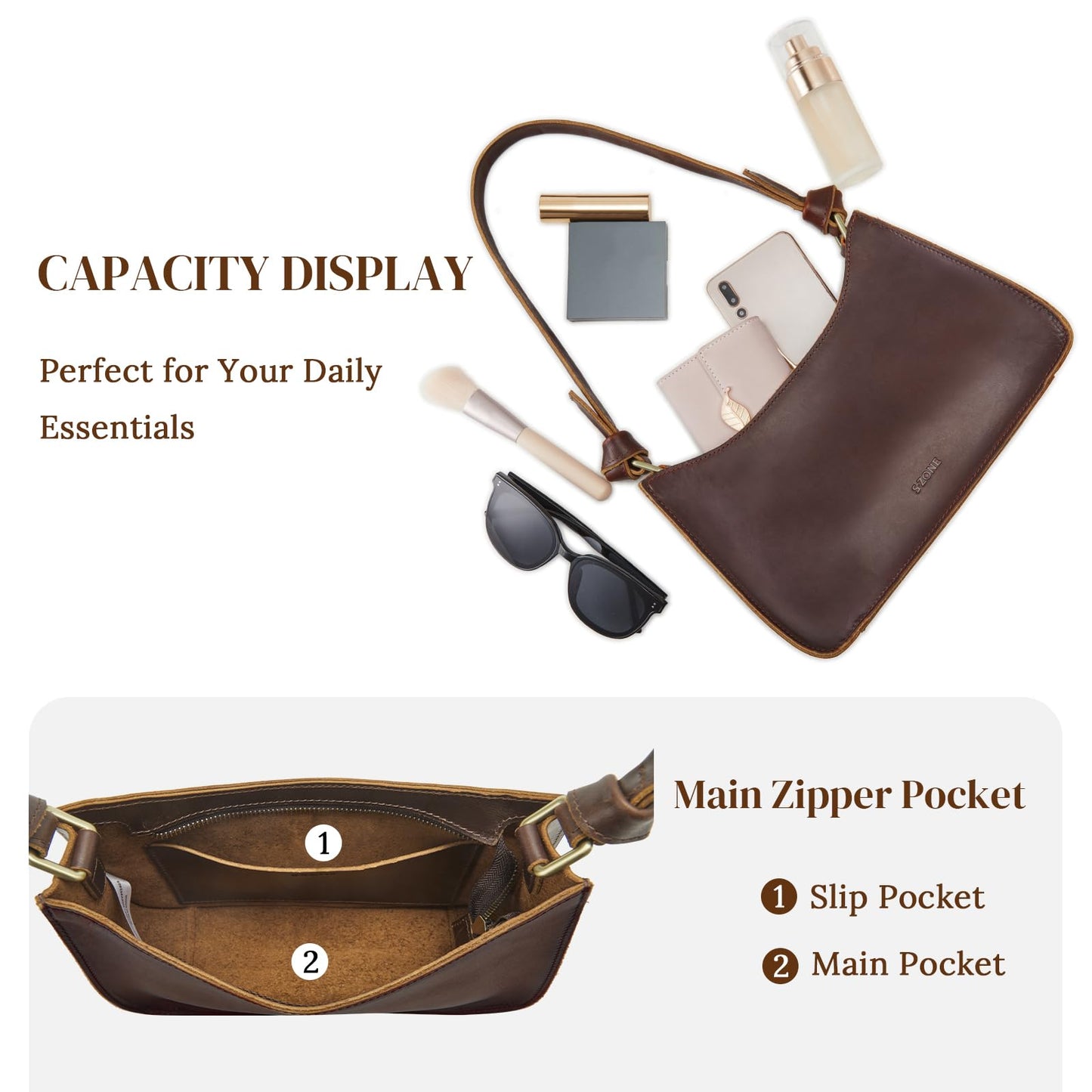 S-ZONE Leather Shoulder Bags for Women Small Shoulder Purse Handbags Clutch Hobo Bag Cute Purses