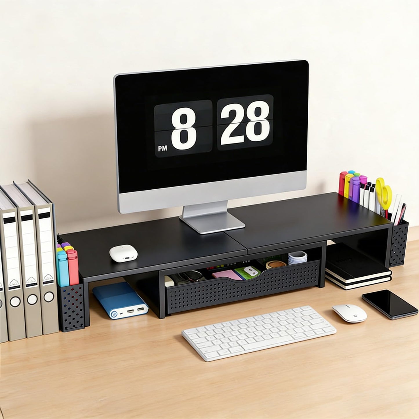Spacrea Metal Desk Organizers and Accessories, Dual Monitor Stand Riser with Drawer and 2 Pen Holders, Book Racks, Desk Accessories & Workspace Desktop Organizers for Office Supplies (Black)