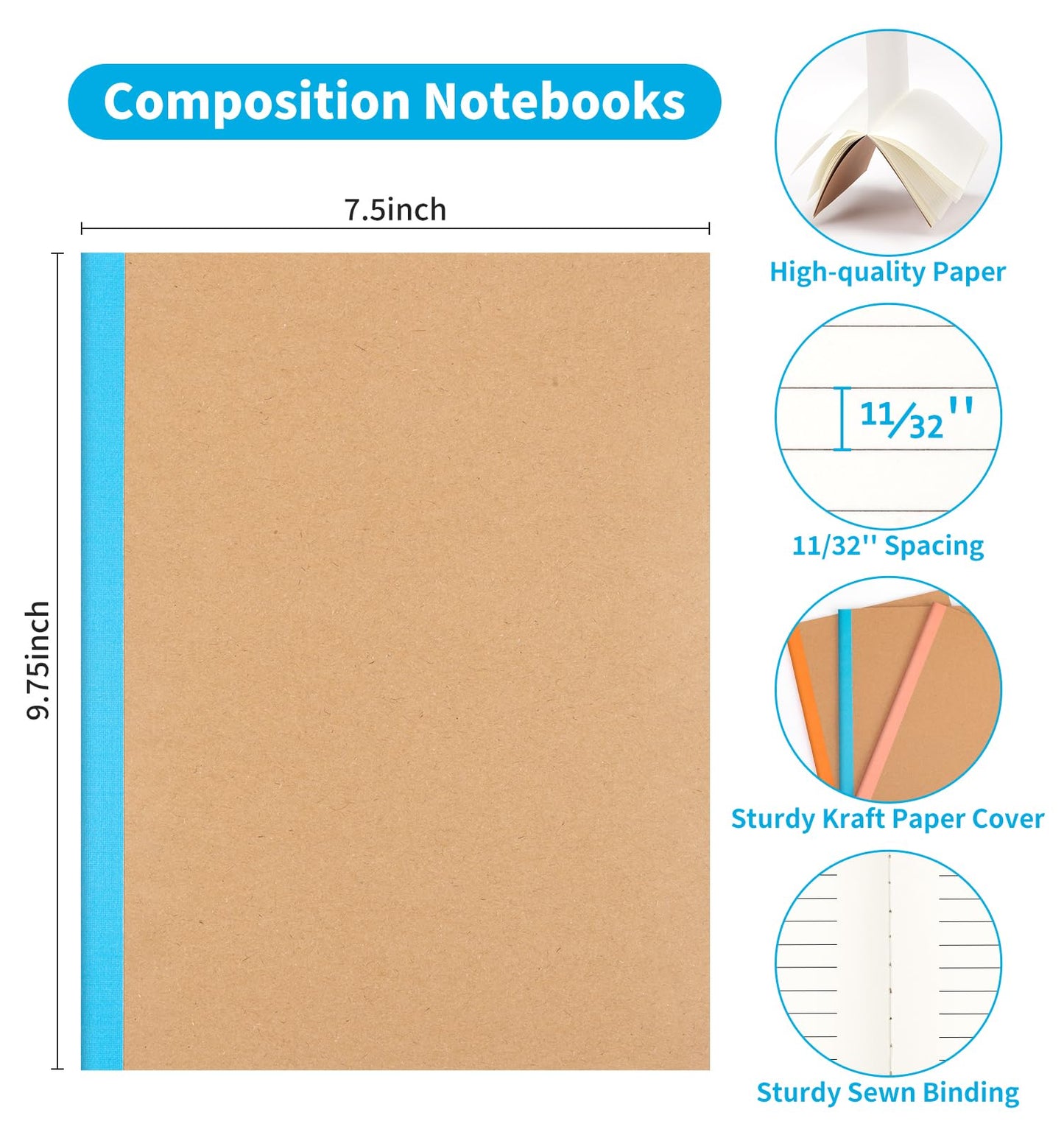 12 Pack Lined Notebook Journals Bulk, 7-1/2" x 9-3/4", Wide Ruled Paper, 30 Sheets/60 Pages, Kraft Cover with Rainbow Spines, 12 Colors Lined Composition Notebook Journal for Work Study Note Taking