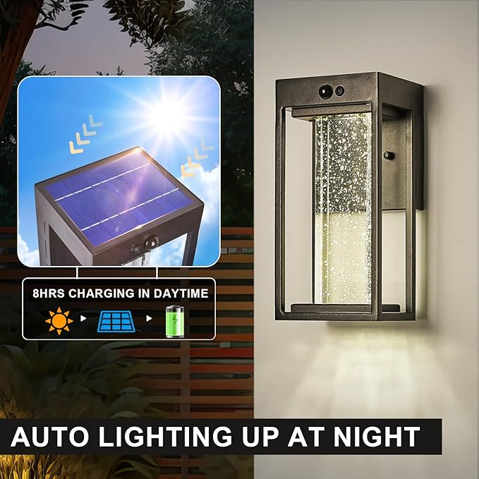 Solar Outdoor Wall Light with 3 Modes Motion Sensor Crystal Exterior Sconce with 4000K 250LM LED Outside Light for House Front Door Garden Patio IP65 Waterproof Dusk to Dawn Solar Porch