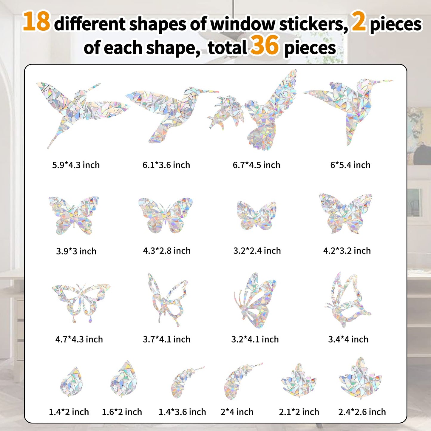 36 Pieces Window Decals for Bird Strikes, Window Clings Prevent Birds from Hitting Windows Suncatcher Stickers（Bird, Butterfly, Feather, Leaf