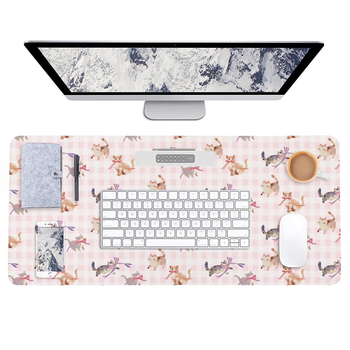 AUPET PU Leather Desk Pad Protector Blotter, Animal 35 x 17in Large Mouse Pad,Cute Office Desk Mat,Waterproof Non-Slip Desk Writing Drawing Pad for Office Home Game (Cats with Bow tie)