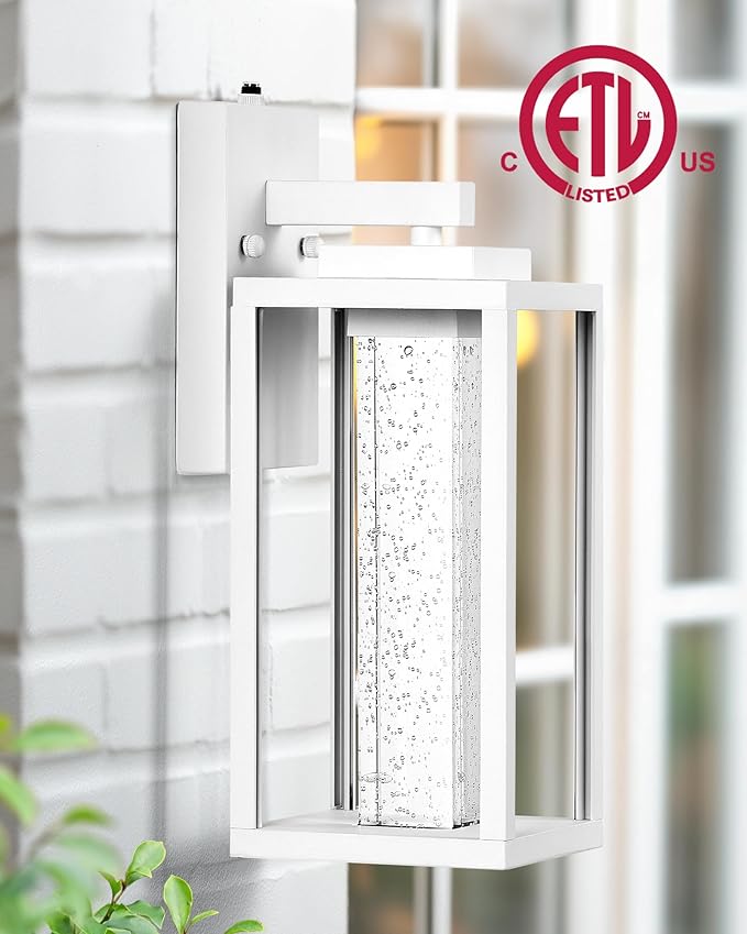 VIANIS White Exterior Lighting Fixtures for House, Large Dusk to Dawn Outdoor Wall Sconce Lantern for Porch, Outdoor Garage Lights Wall Mount with Integrated 10W LED Light Source Crystal Bubble Glass