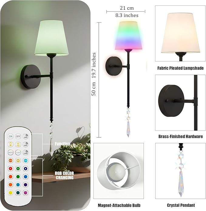 Battery Operated Wall Sconces Set of Two, Rechargeable Wall Sconce Wireless Battery Wall Lamp with 15 Colors RGBCW Dimmable Magnetic Bulbs & Remote for Bedroom Living Room Hallway Decor Black