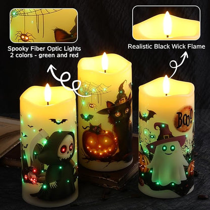 Eywamage Fiber Optic Halloween Flameless Candles with Remote, Flickering Battery Operated LED Pillar Candles Set of 3