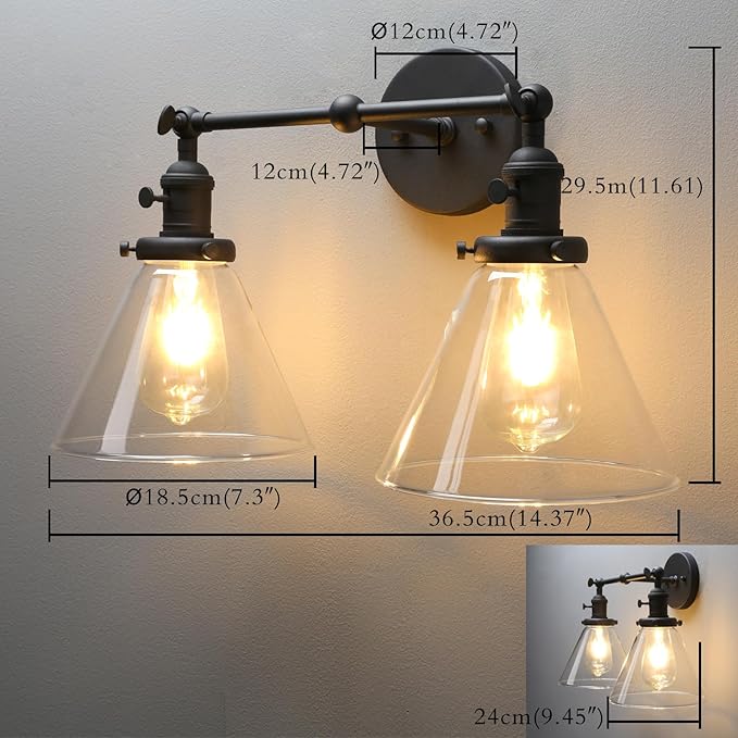 PERMO Double Sconce Vintage Industrial 2-Lights Sconce Antique Wall Sconces with Funnel Flared Glass Clear Glass Shade Vanity Light for Bathroom (Matte Black)