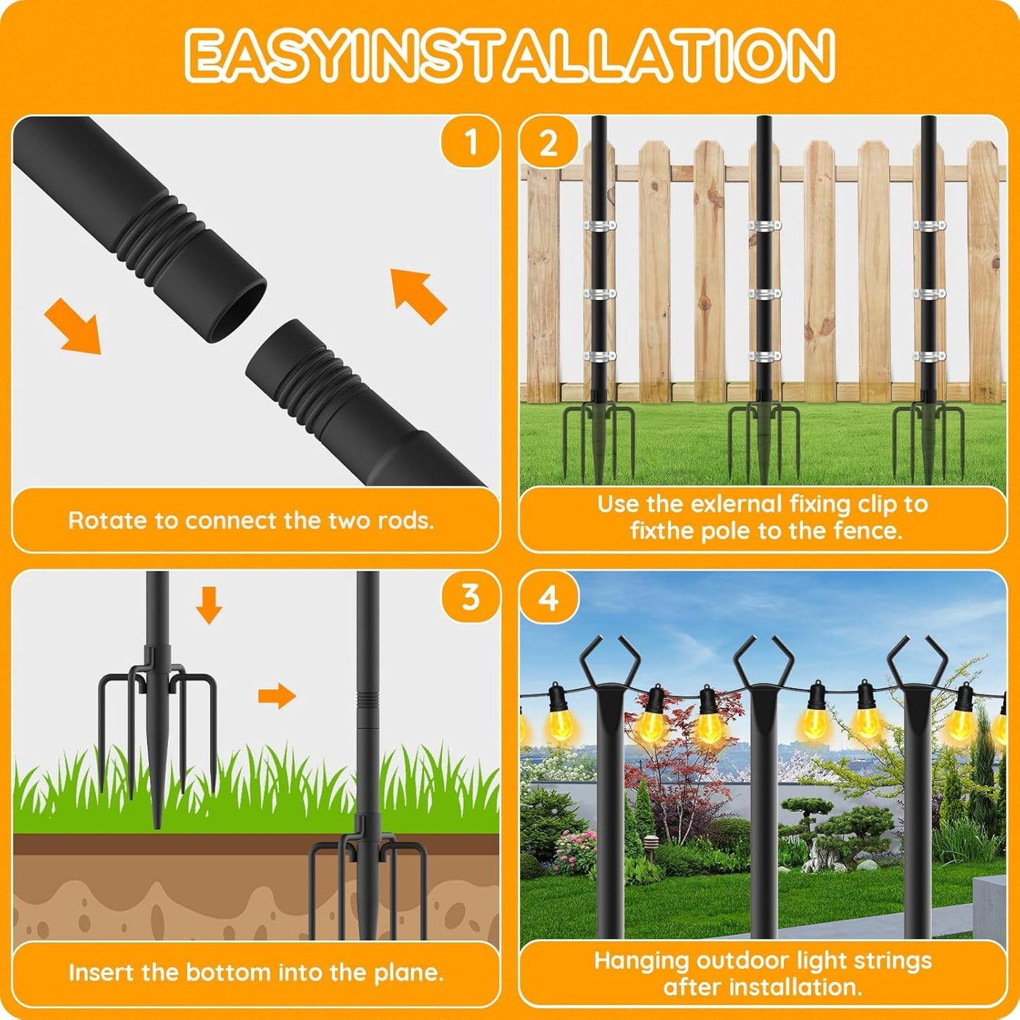 AHRLHR 6 Pack String Light Poles, Outdoor String Light Pole 10 ft Forked Metal Light Pole with Adjustable Outdoor Light Stand, Deck, Backyard, Garden, Wedding, Rustproof and Sturdy with Hooks.