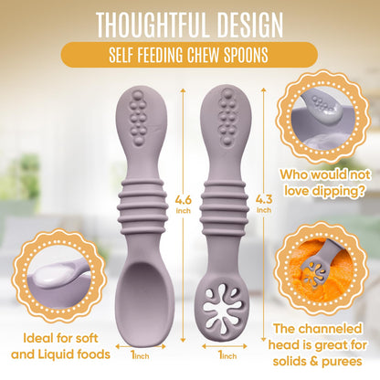 HippoBaby 4pc Silicone Baby Spoons Self Feeding Baby Utensils 6-12 Months - 3 Baby Spoon - 1 Baby Fork - Toddler Cutlery Set - BPA Free, Dishwasher Safe, Baby Eating Essentials (Light pink/Army Green)