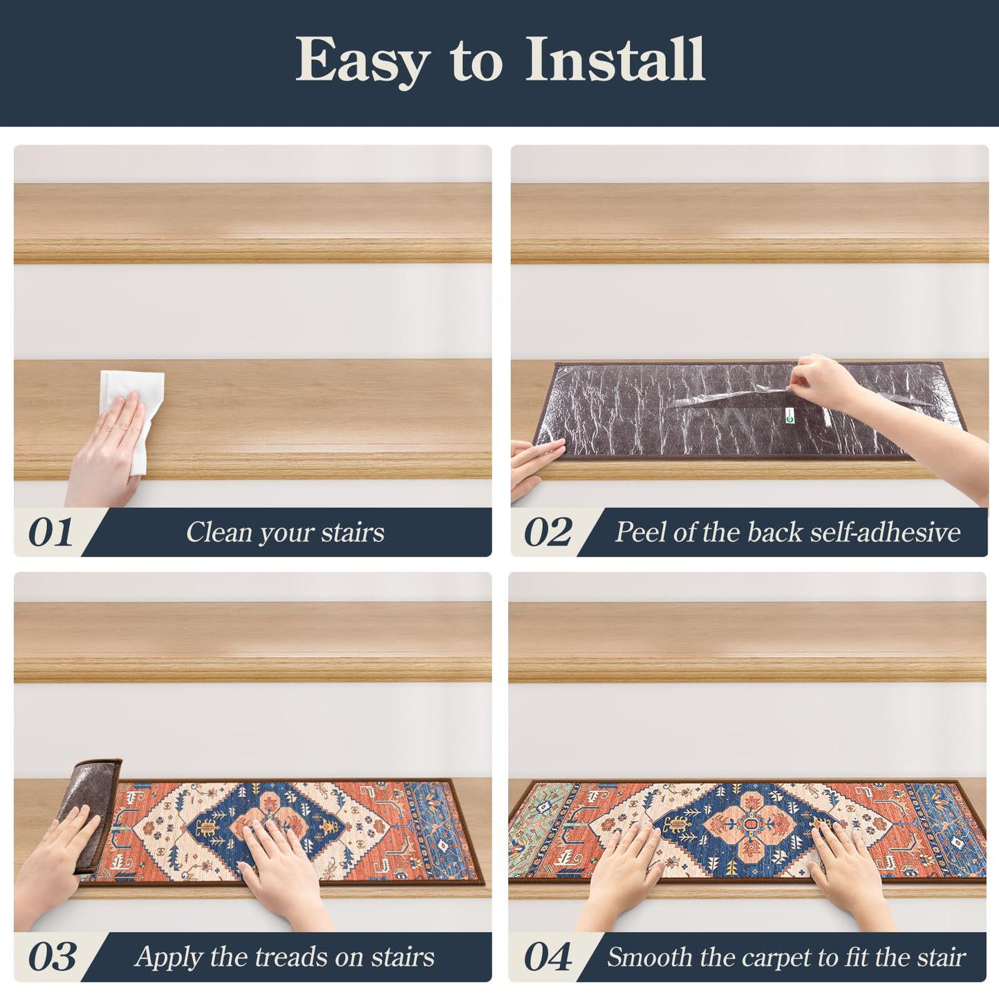 Lahome Stair Treads Non Slip 15 Pack 8" X 30" Stair Treads for Wooden Steps, Washable Self Adhesive Stair Runners Stain Resistant Stair Carpet, Edging Stair Rug for Kids, Elders and Dogs Dorie, Rust