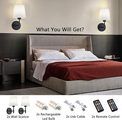 Rechargeable Wall Sconces Set of 2, Black Cordless Battery Operated Sconce with Dimmable LED Bulb and Remote, 13 Colors Wall Lights for Bedroom Living Room Hallway