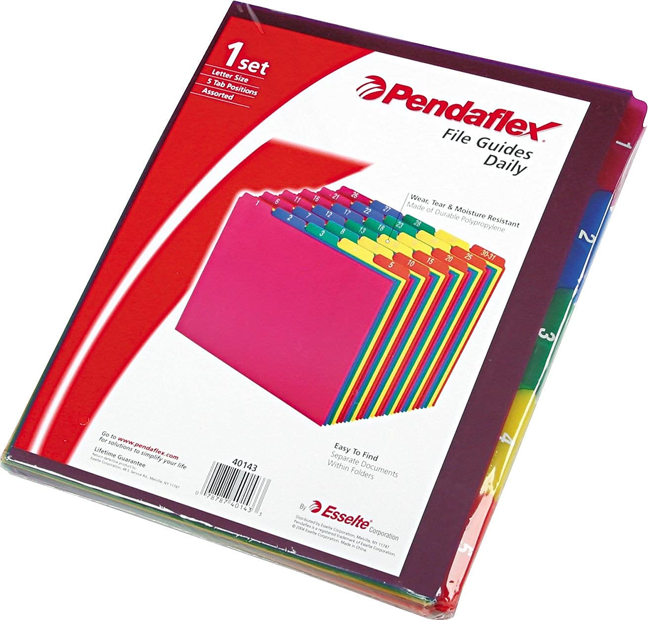 Pendaflex 40143 Top Tab File Guides, Daily/1-31, 1/5 Tab, Polypropylene, Letter (Set of 31), Blue, Green, Magenta, Strawberry, Yellow