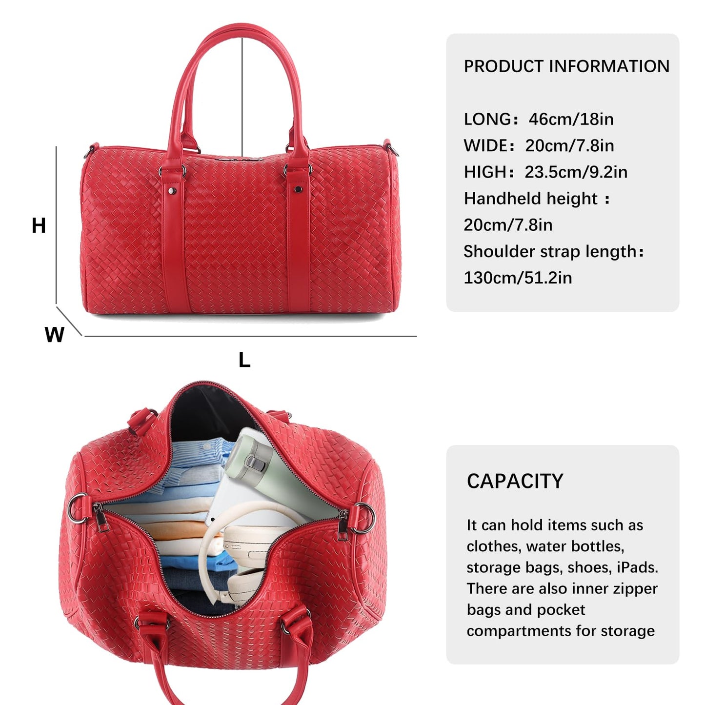 Weekender Bags for Women Designer Duffle Bag for Men, Woven Leather Carry On Travel Bag with Wet Compartment Large Capacity Water-resistant Gym Tote (Red)
