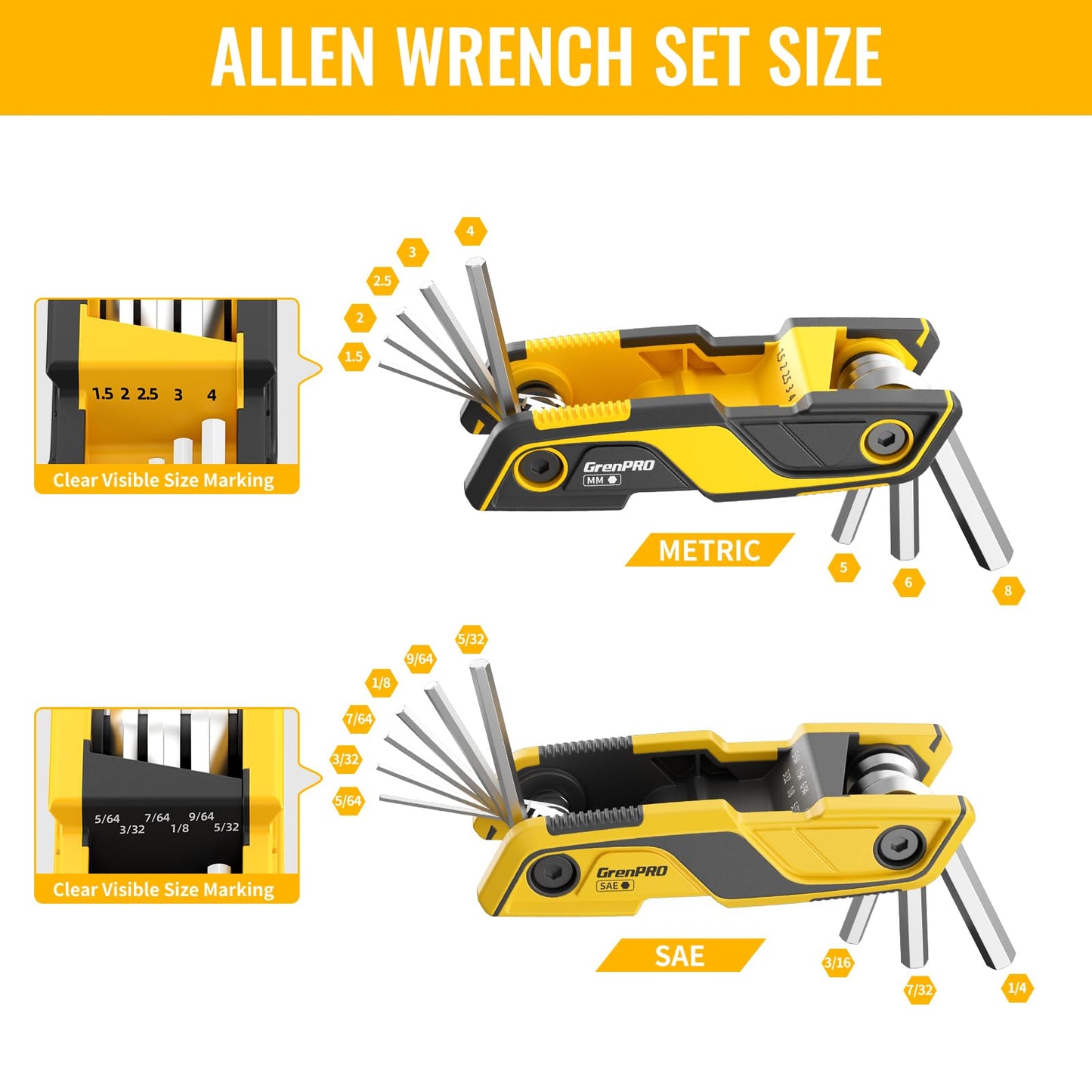 GRENPRO Folding Allen Wrenches Sets, 17PCS Allen Key Set, Hex Key Allen Wrench Set, Bike Tool Kit, Standard Metric & SAE Multifunction Tools, 2 Pack Portable Mountain Bicycle Repair Accessories Kits