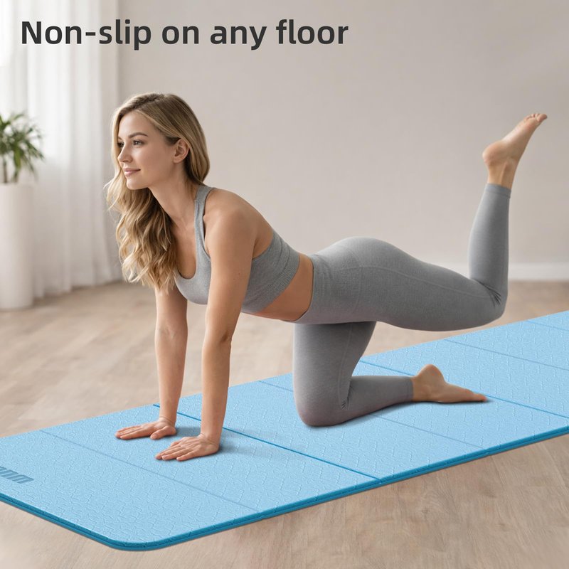Folding Yoga Mat Extra Thick 0.4 Inch, Foldable Yoga Mat 75 x 26 Inches, TPE Exercise Mat, 7-Panel Non Slip Cushioned Fitness Mat for Yoga, Pilates, Stretching, Home Workout (Blue)
